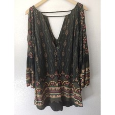 Farm Rio Green Rayon Cut Out Neck & Back Bell Sleeve Mini Swing Dress PP