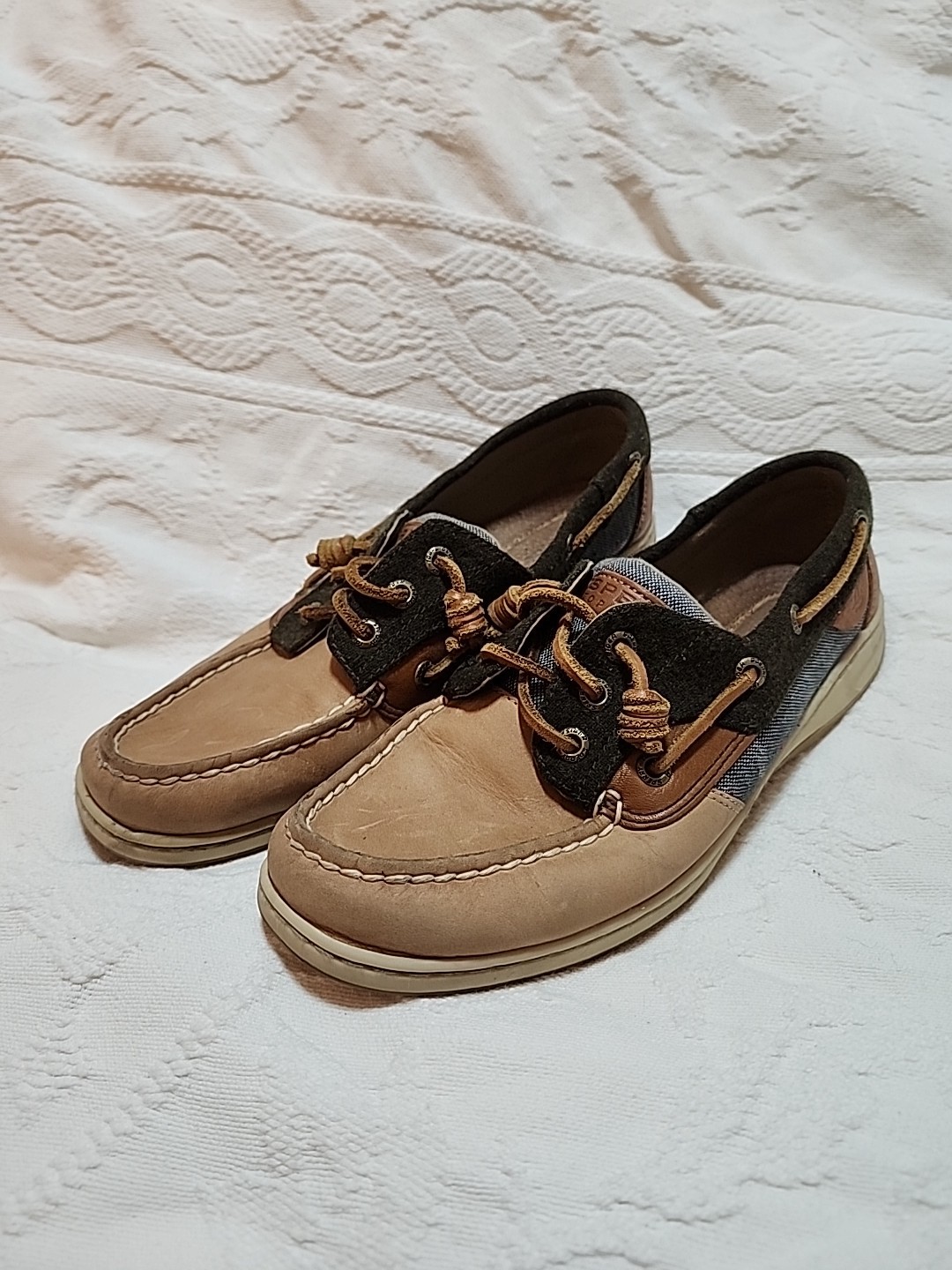 Sperry Top Sider Womens Bluefish Boat Shoes Tan Leather And Blue Size 8M/39