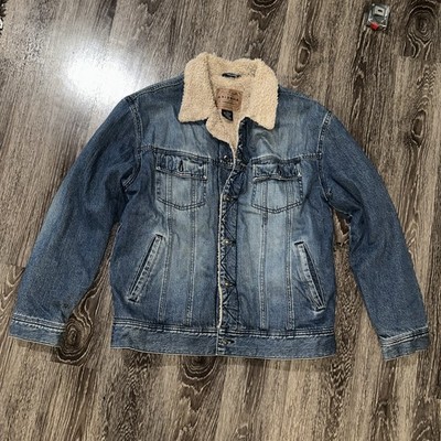 Arizona Jean Co Trucker Jacket Mens L Sherpa Body  Lined Blue Demin Vintage zip