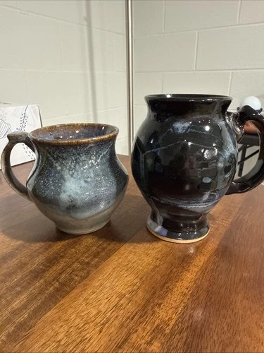 Pair Of Pottery Mugs Blue Brown Grey Black Drip Glaze