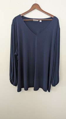 Susan Graver Liquid Knit Balloon Puff Sleeve Top 3X Navy Blue V Neck Blouse 
