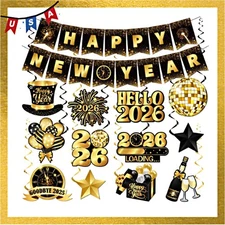 Happy New Year Decorations 2026 Banner Hanging Swirls Black Gold Party Supplies.