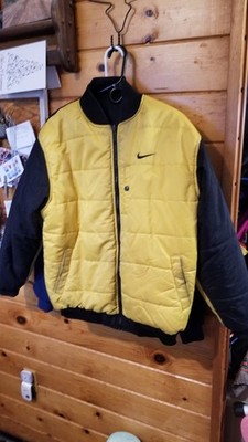 Vintage Nike Reversible Quilted Puffer Bomber Jacket XL 90s Swoosh Black Yellow