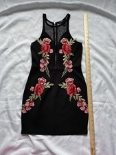 Forever 21 Women's Black High Neck Sleeveless Mesh/Embroidered Roses Dress, Sz S