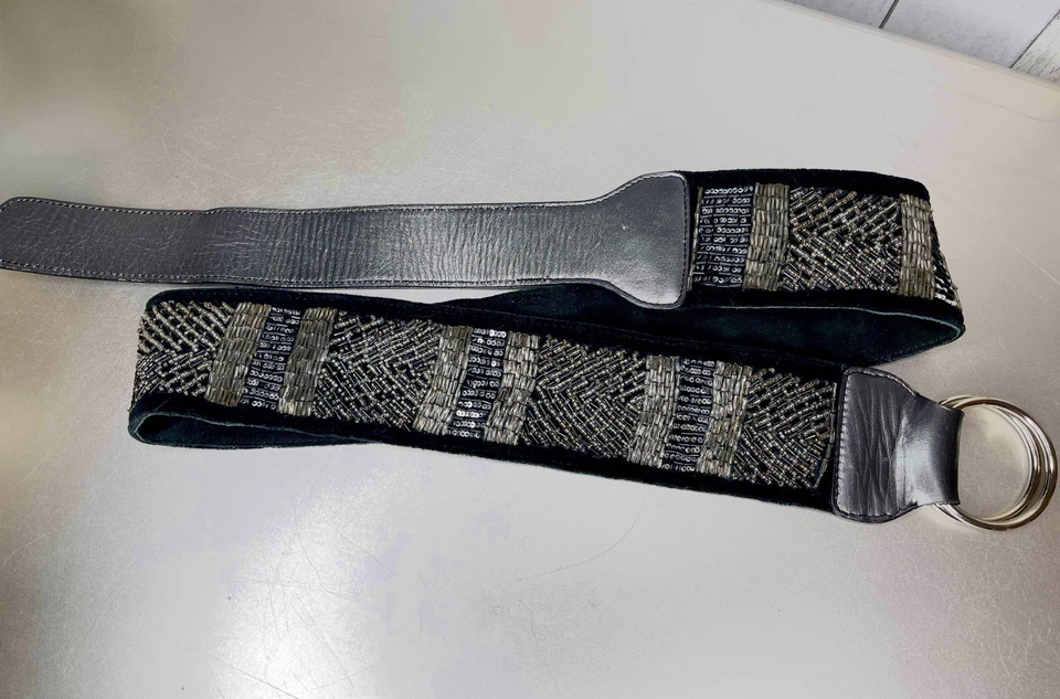 Vintage CHICOs Black Suede Leather Seed Bead Glam Boho Hip Belt Large - Image 3 of 4