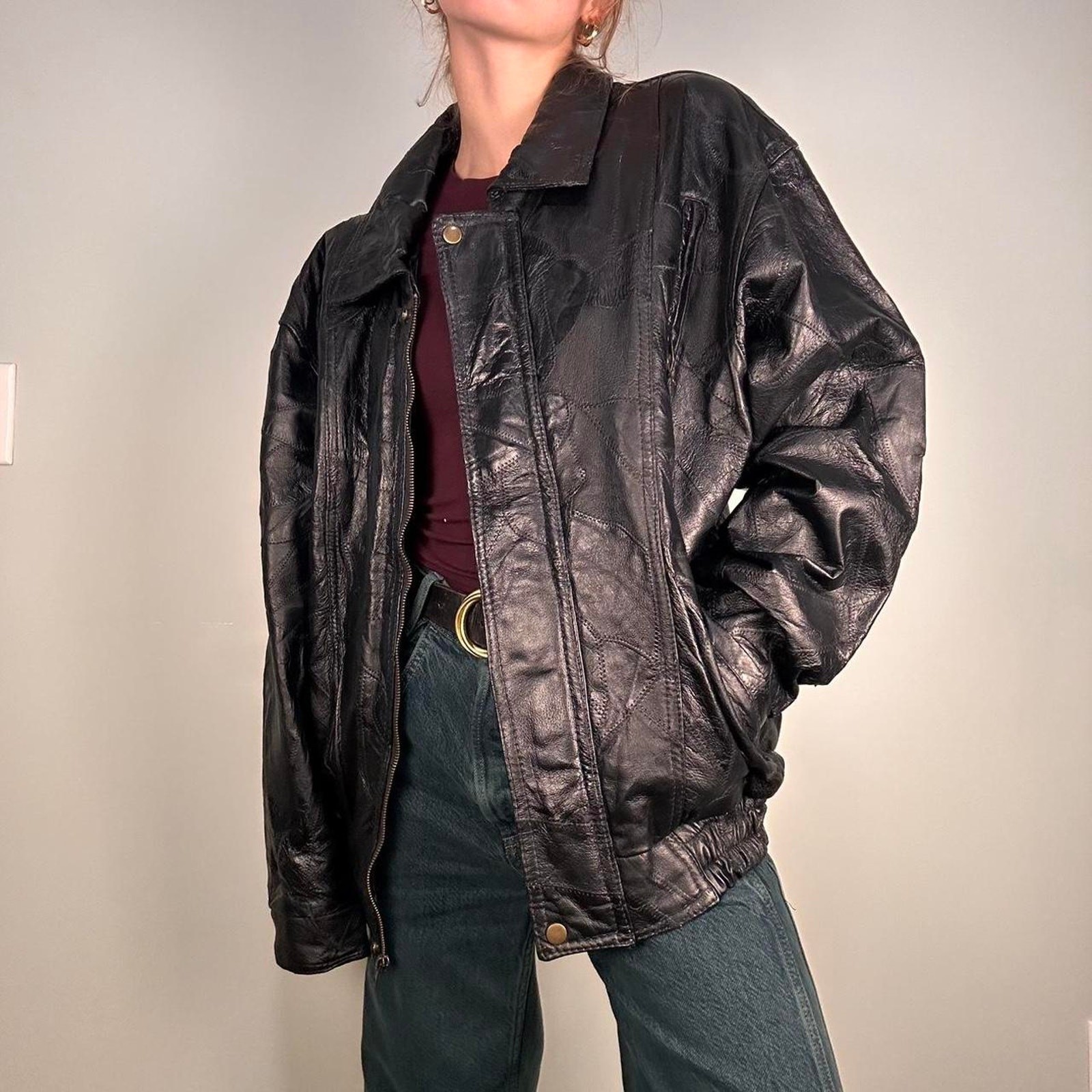 Indian Stone Design Black Leather Patchwork vinta… - image 2