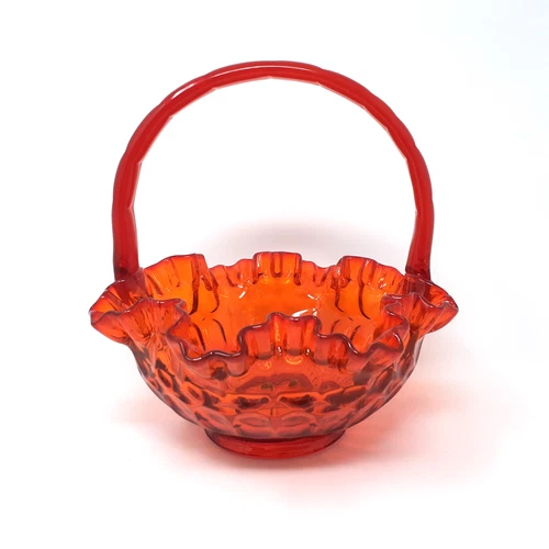 Vtg Fenton Orange Thumbprint Colonial Glass Basket Crimped Ruffled Rim 8" Ht