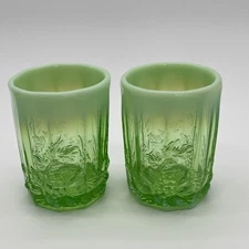Mosser Glass Panel Grape Green Opal 3.75” Tumblers Juice Glass Set Of 2 Vintage