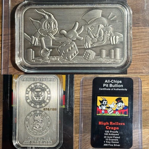 LIMITED ED 1 Oz Silver Bar Pit Bullion Scrooge Mcduck Willy Devil 76/100 COA