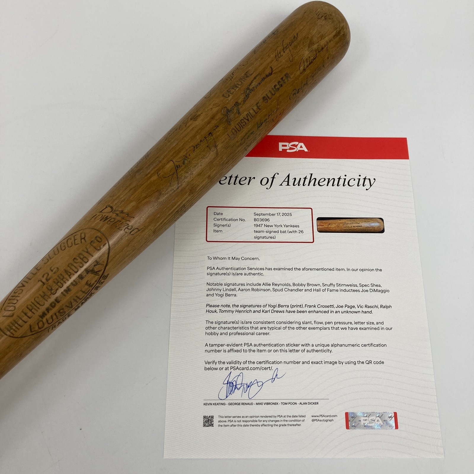 Joe DiMaggio Autographed Signed New York Yankees 1947 World Series Champs Team Baseball Bat PSA DNA 