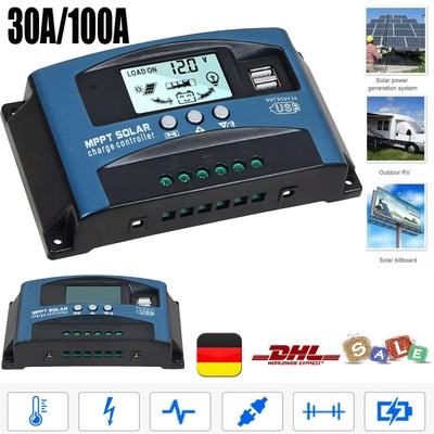 30/100A 12V-24V Solar Laderegler Ladegerät Controller DaulUSB Digital Solarpanel