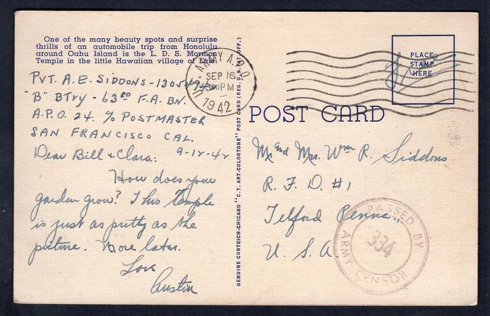 USA WW2 1942 APO 24 Censored Postcard Telford Pa. Mormon Temple Laie Hawaii - Image 2 of 3