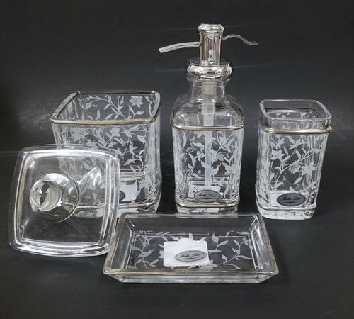 BELLA LUX 4 PC Vetro, Bianco Floreale, Foglia, Argento Sapone Dispenser, Jar , - Foto 4 di 7