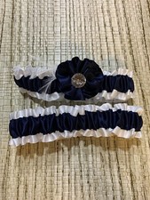 White And Navy Bridal Garter, New, Handmade, White Bridal Garter