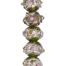 Bead, 25 Lampwork Glass Green with Silver Accent 11x13mm Rondelle w/ 1.5mm Hole