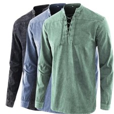 Men Fashion Casual Shirt Retro Pure Color Stand-Up Long Sleeve Collar Top
