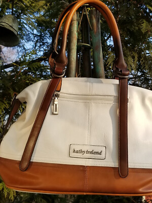 LARGE KATHY IRELAND WHITE AND BROWN LEATHER HAND BAG