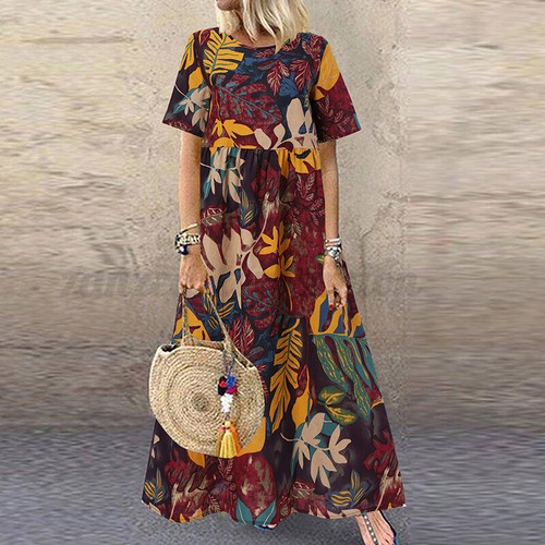 Women Fashion Plus Size Short Sleeve Kaftan Summer Vintage Long Maxi Shirt Dress - Picture 7 of 11