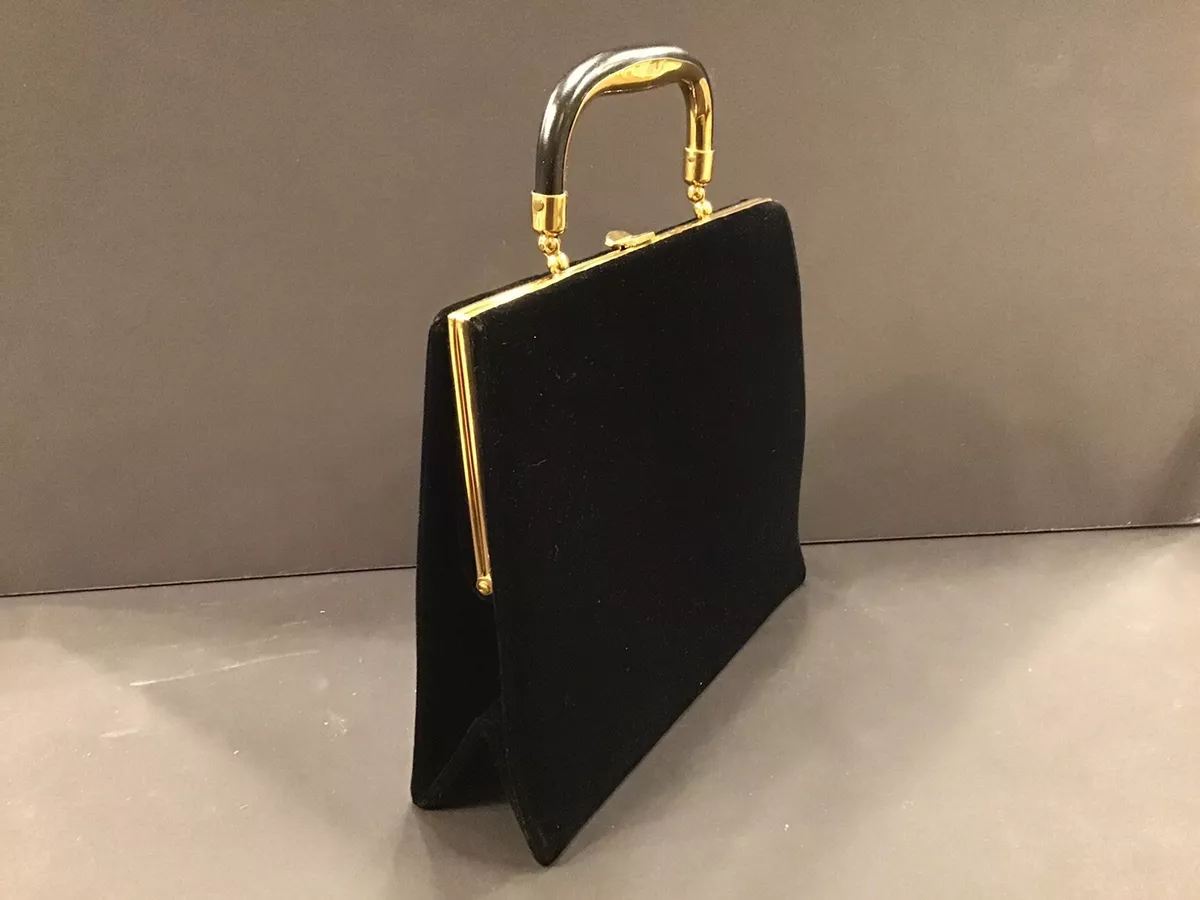 1960s mod Black velvet box purse Brass And Leather Handled Ultra Mod Mint