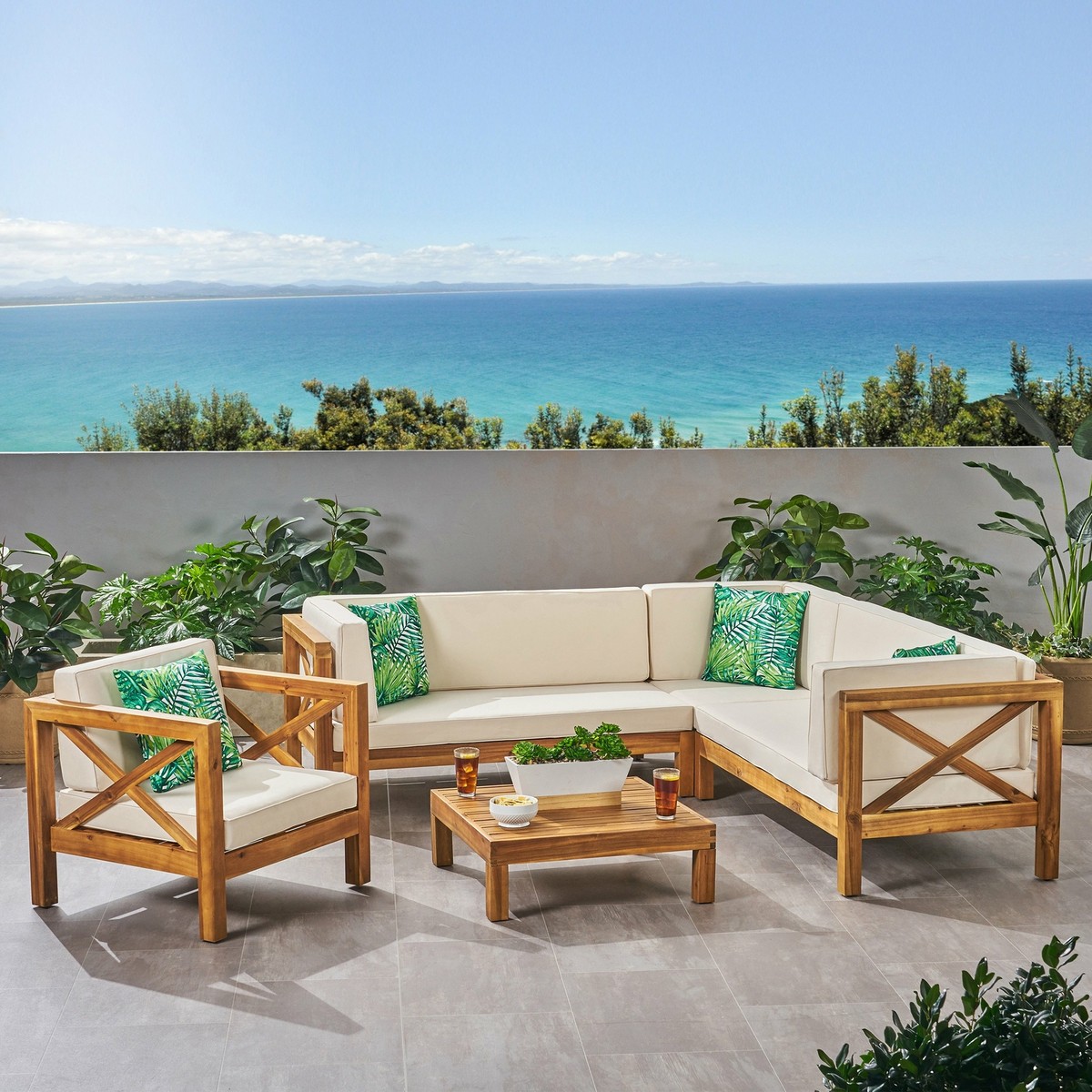 Morgan Outdoor Seater Acacia Wood Sectional Sofa and Club Chair