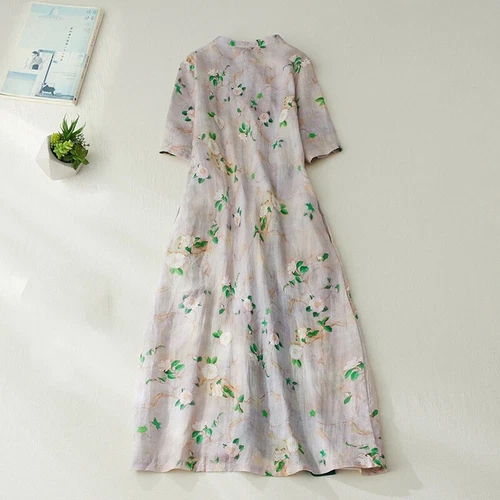Women Ethnic Floral Dress Cheongsam Chinese Qipao Frog Button Midi Retro - Picture 4 of 8
