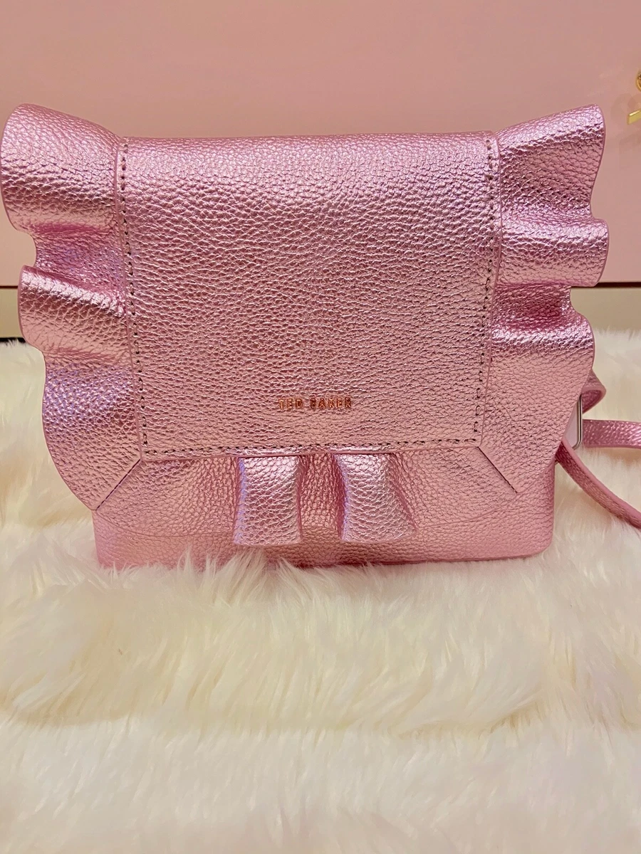 Ted Baker Pink Metallic Leather Ruffle Backpack Crossbody Bag NWT