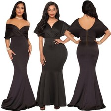 Women Sexy V Neck Off The Shoulder Evening Gown Fishtail Maxi Dress Size Large