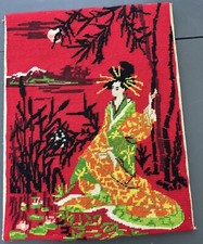 Vintage Finished Needlepoint Geisha Girl in Night Garden Red Unframed 18.5x14.5