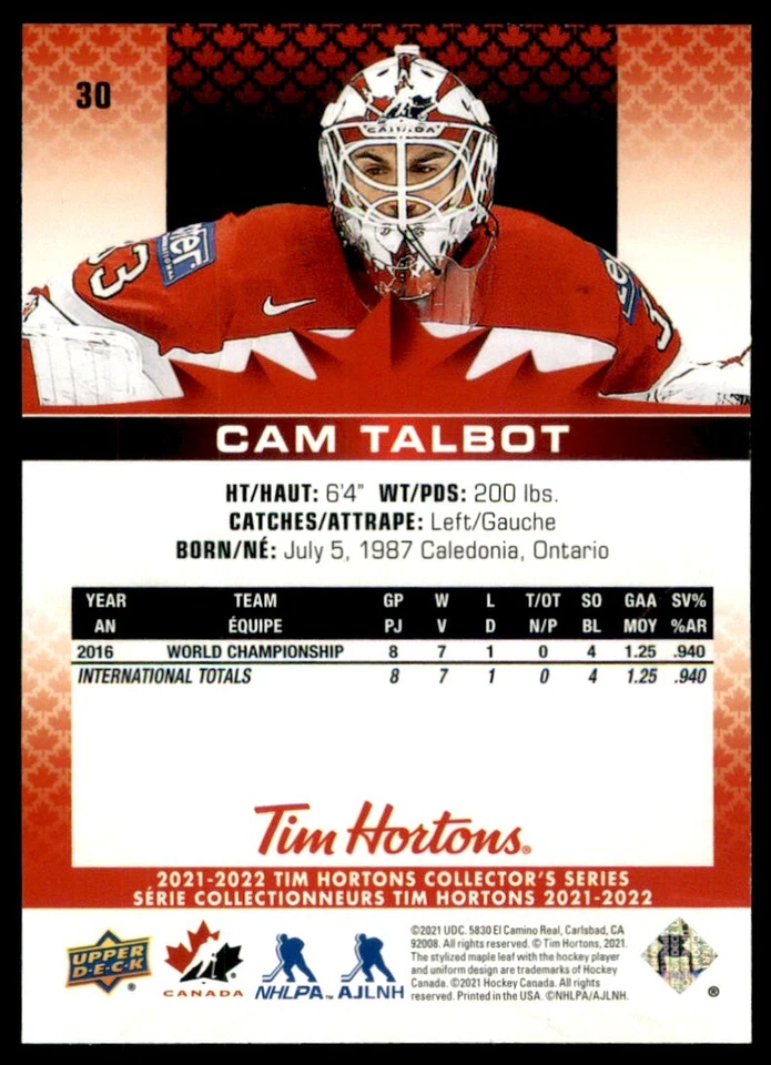2021-22 Upper Deck Tim Hortons Team Canada Cam Talbot #30 - Image 2 of 2