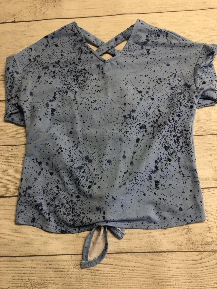 Amy Byer Shirt Girls Medium 10/12 Blue Splatter Tie Front X-Back Short Sleeve - Image 4 of 4