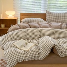 Twin Grid Gingham Duvet Cover Set Tan - Washed Soft Comforter Cover Set Brown...