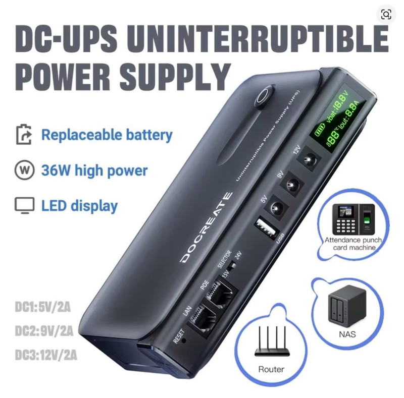 DOCREATE 36W Digital UPS Uninterruptible Power Supply 5V/9V/12V/15V/24V USB NAS