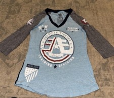 Womens Affliction American Fighter Top Sz Medium Blue V Neck 3/4 Sleeve