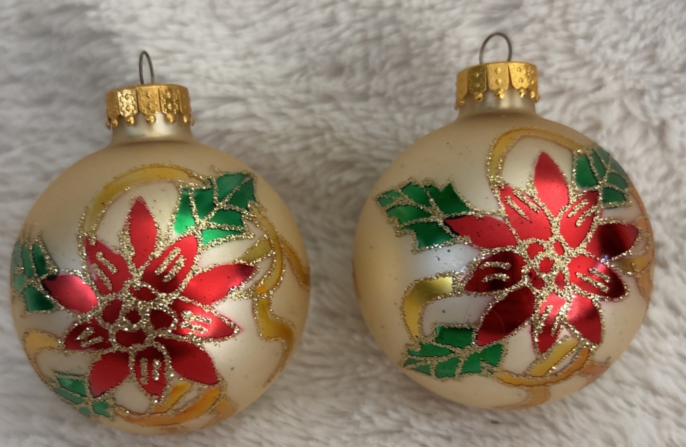 Vintage Poinsettia Glass Ball Christmas Glitter Painted Flowers Set Of 2