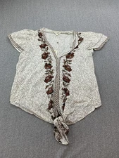Max Studio Shirt Womens Small White Boho Floral Embroidered Tie Front Light Top