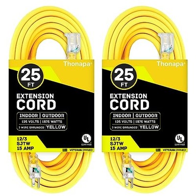2 Pack of 25 Foot Outdoor Extension Cords - 12/3 Heavy Duty Yellow
