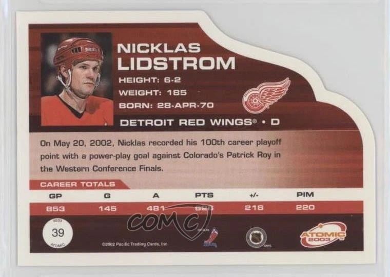 2002-03 Pacific Atomic Red /125 Nicklas Lidstrom #39 HOF - Image 2 of 2