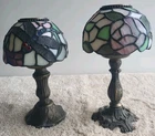 Lot of 2 Dale Tiffany Style Stained Glass Tea Light Candle Lamps Dragonfly 9"x5"
