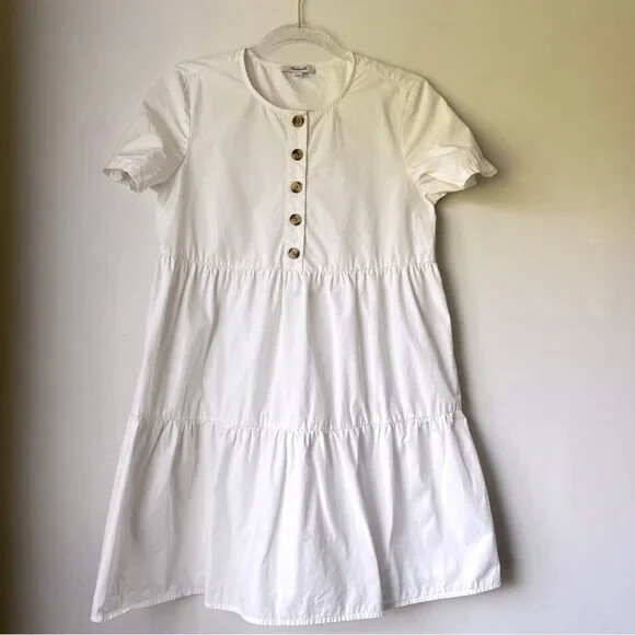 Madewell White Button-Front Short-Sleeve Tiered Mini Dress XS