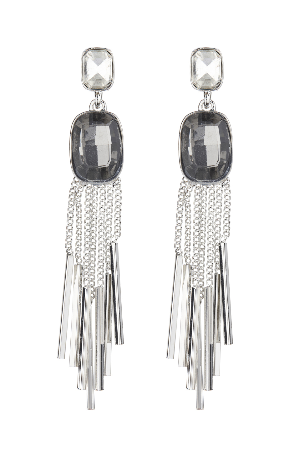 Clip On Earrings silver drop with a black stone and linked strands - Blaze