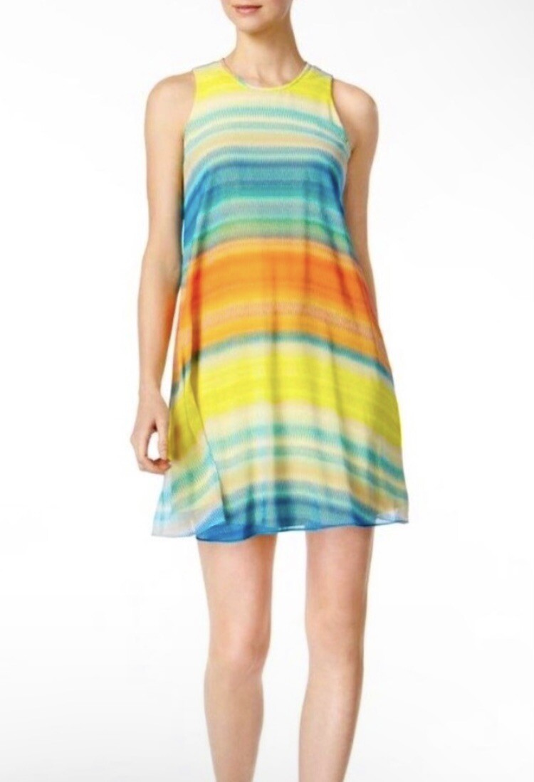 NWOT CALVIN KLEIN Women’s Yellow Blue Multi Spring Island Vacay Cool Sun Dress 2
