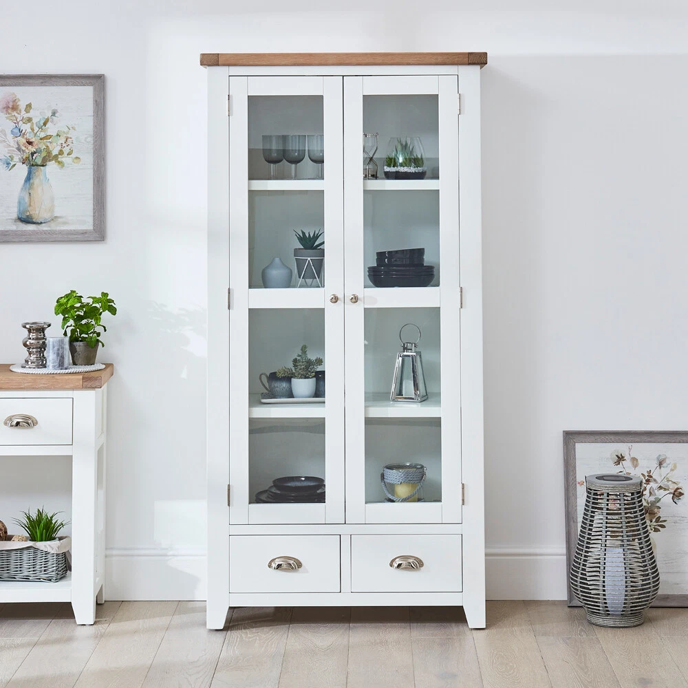 Cheshire White Painted Glazed Display Cabinet 2 Doors 2 Drawers Storage CW50