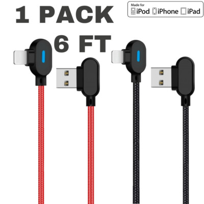 6FT 90 Degree USB Data Cable For iPhone 12 11 XR 8 7 iPad Charger Charging Cord
