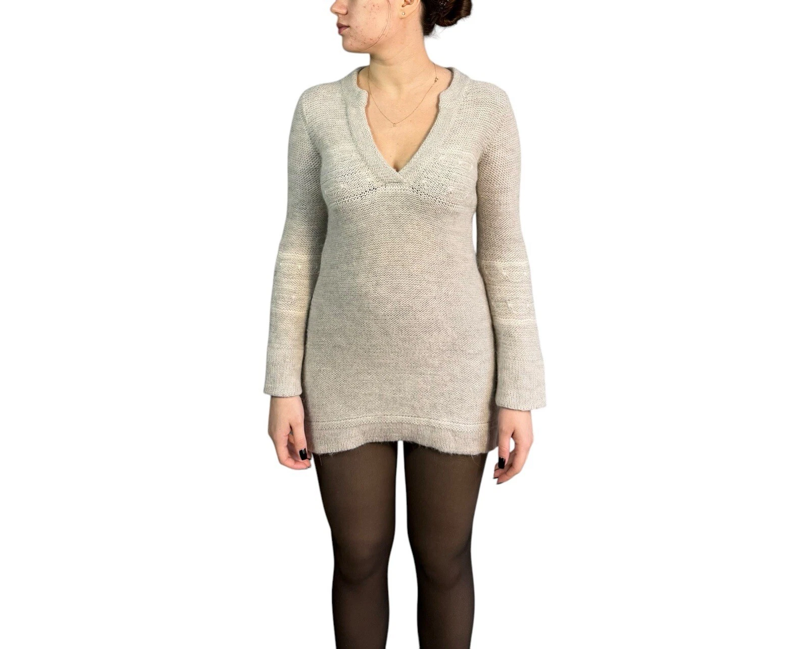 Abito donna Prada manica lunga maglia misto mohair scollo a V tunica beige taglia 42