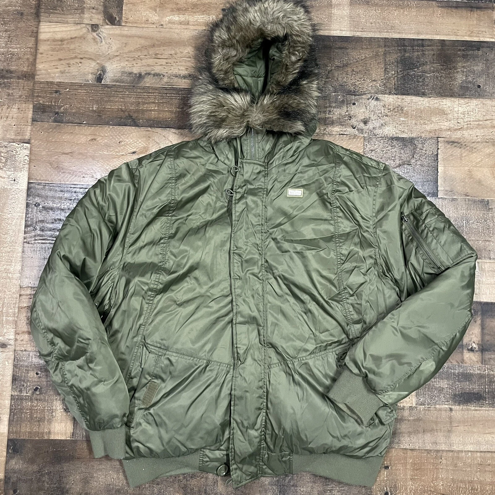 Vintage Ecko Bomber Nylon Jacket Coat Full Zip Mens XL Faux Fur Hood Green