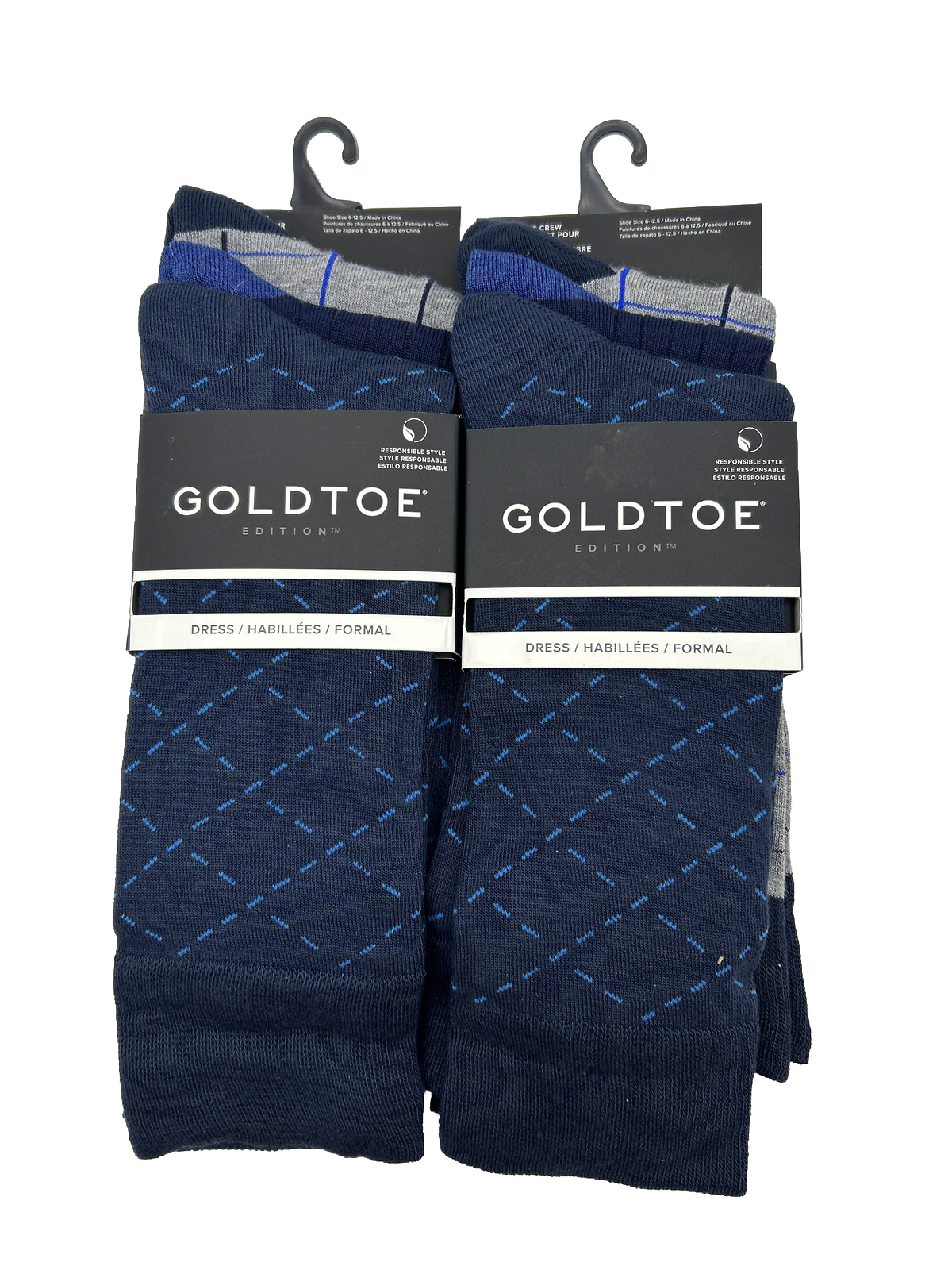 Gold Toe Dress Socks Men's Size 612.5 Windowpane 6 Pair Navy Blue Gray