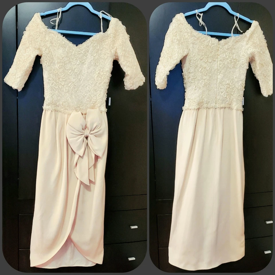 VESTIDO DE NOVIA PEQUEÑO 2/4 Slim Marfil Seda y Encaje con Hilo Dorado + Guantes Sin Defecto Foto 2 de 4