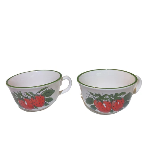 VTG Large Jumbo Cup Bowl Soup Side Handle Strawberries Hand Painted Japan #2 Set