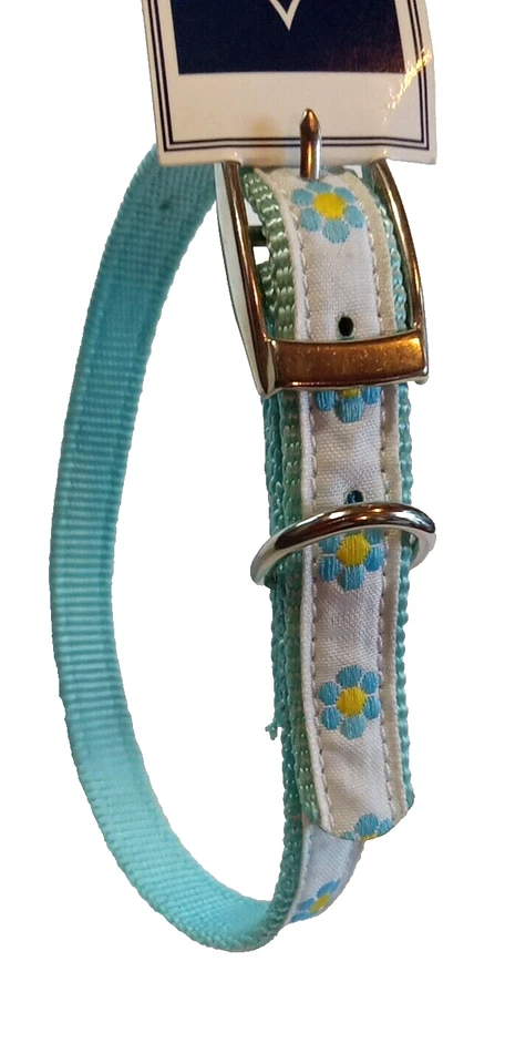 Collar de nailon para perro 12" - 16" azul claro 5/8" cinta de flores superpuesta lado este Foto 3 de 4