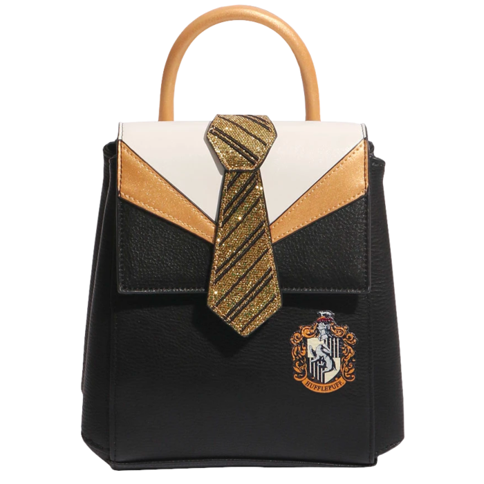hufflepuff uniform mini backpack Danielle Nicole Harry Potter Collective Hobbees Velvet mini backpack with faux leather (polyurethane) trim Adjustable shoulder straps Applique Exclusive Harry Potter Hufflepuff Banner